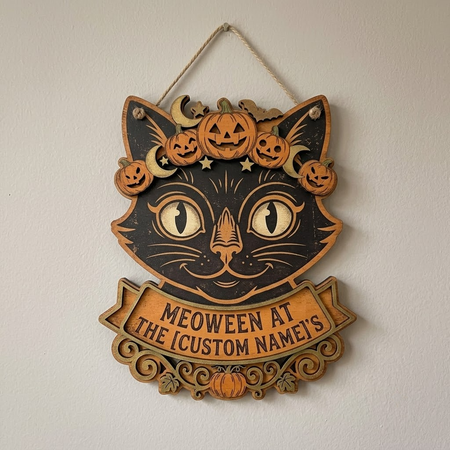 Cat Door Hanger, Halloween Pumpkin Cat Sign, Jack O Lantern Decor