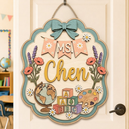 Teacher Name Sign, Personalized Classroom Door Decor, Boho Pastel Gift For Teacher