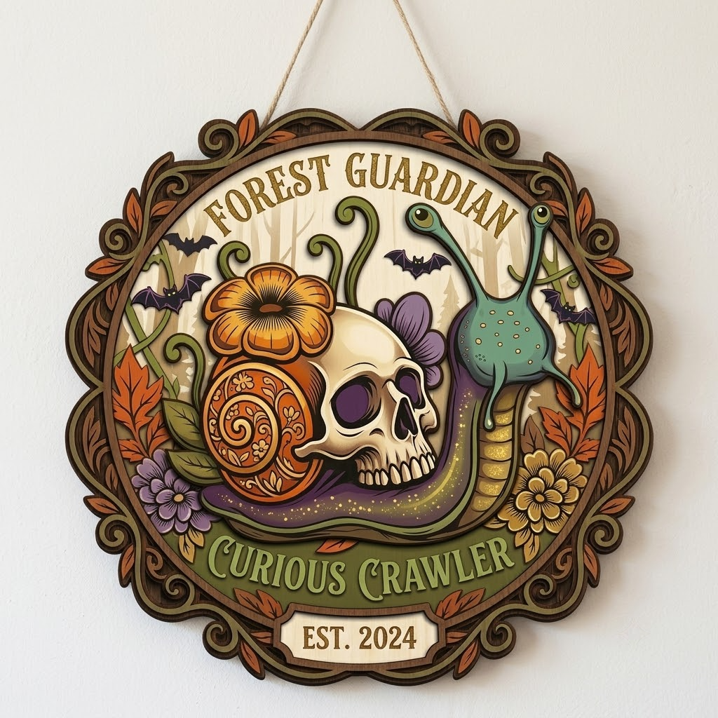 Skull Snail Wooden Wall Decor, Creepy Cute Halloween Sign, Whimsical Skull Wall Hanging