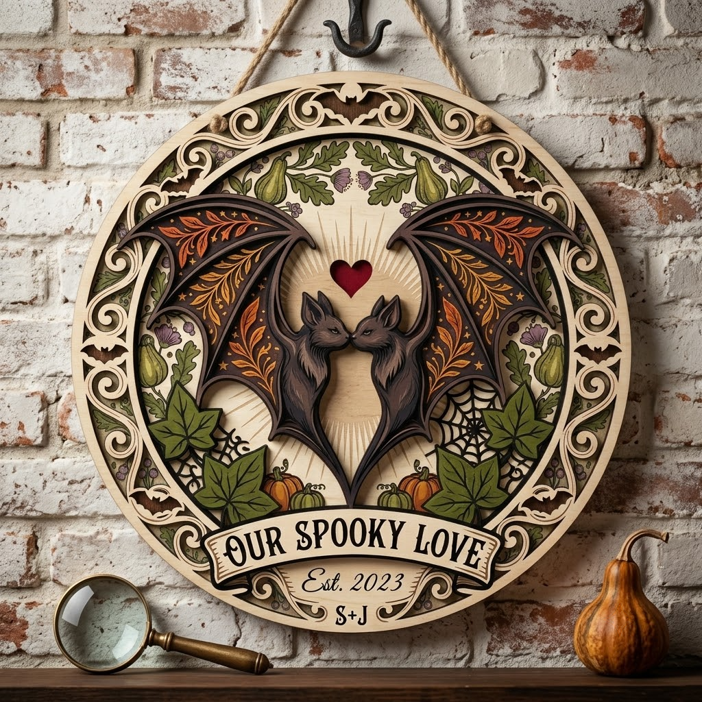 Gothic Bat Couple Wooden Wall Decor, Spooky Valentine Gift For Witchcore Home