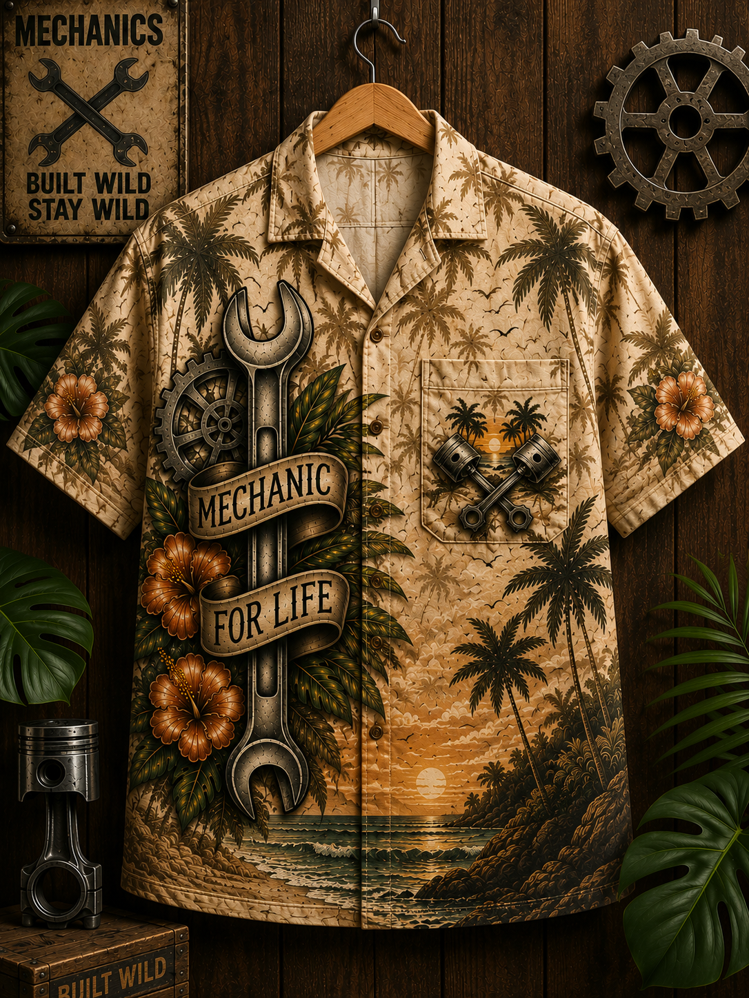 Mechanic Wrench Hawaiian Shirt Front Flat Lay