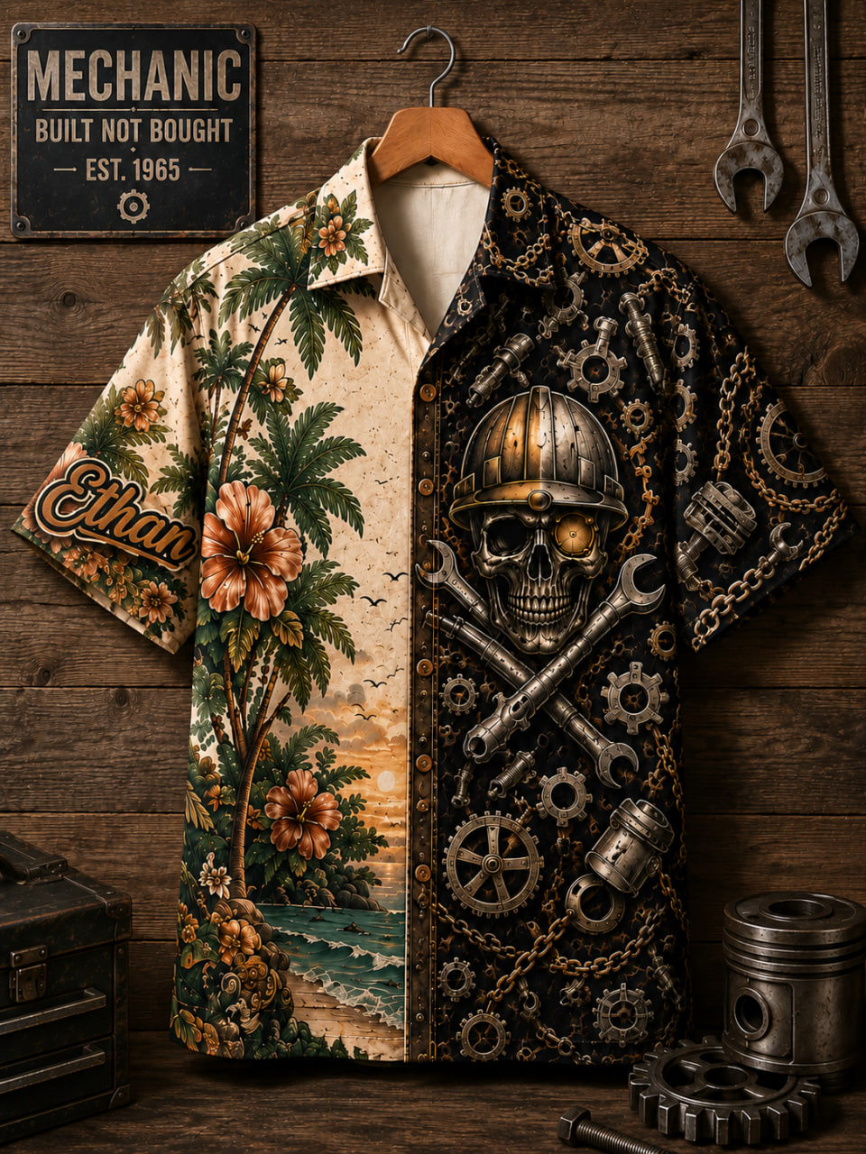 Hard Hat Skull Hawaiian Shirt Front Flat Lay