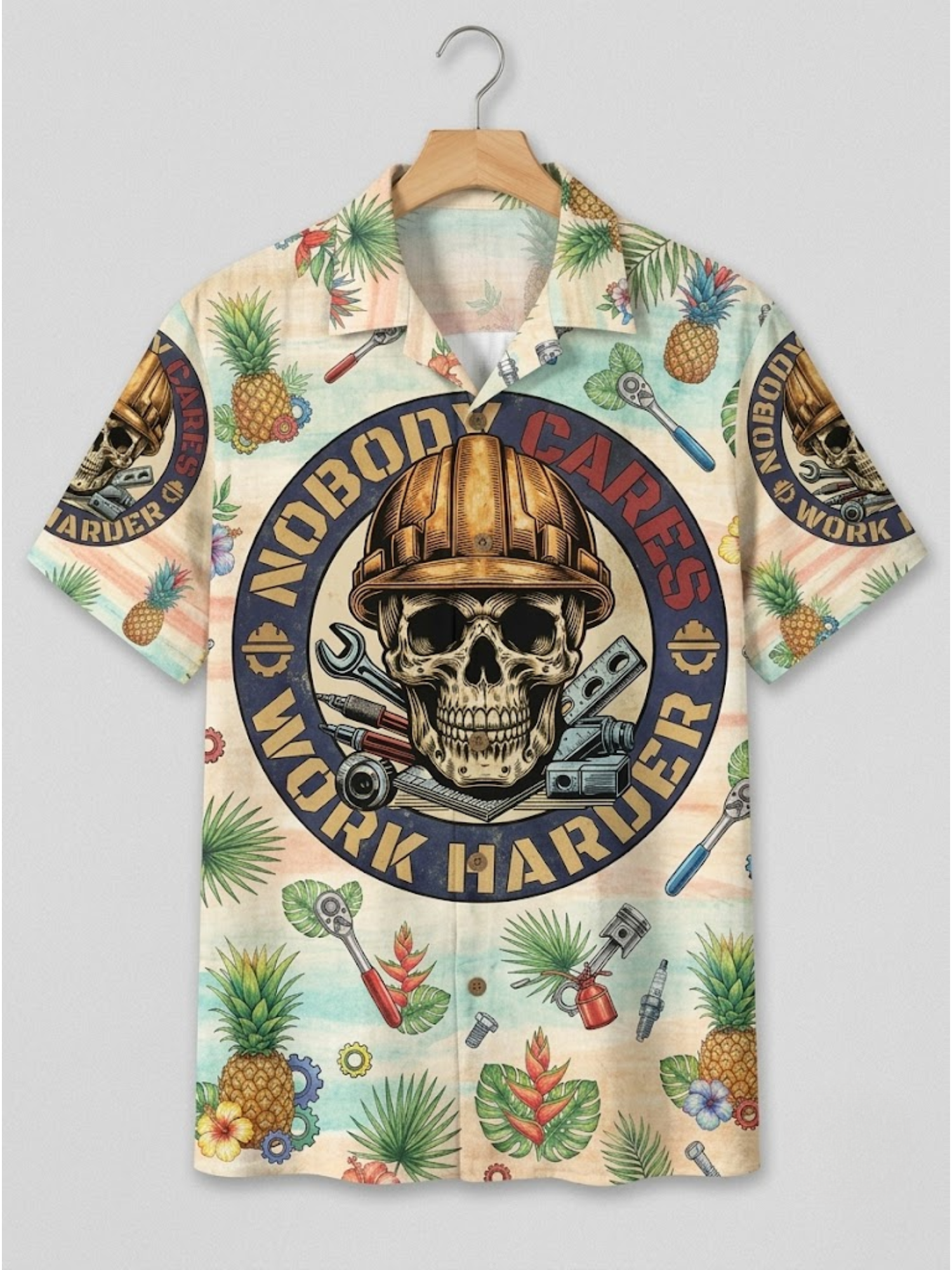 Work Harder Skull Hawaiian Shirt Front Flat Lay