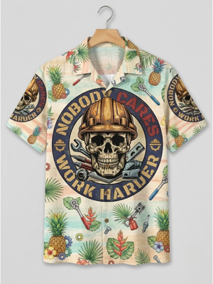 Work Harder Skull Hawaiian Shirt Front Flat Lay