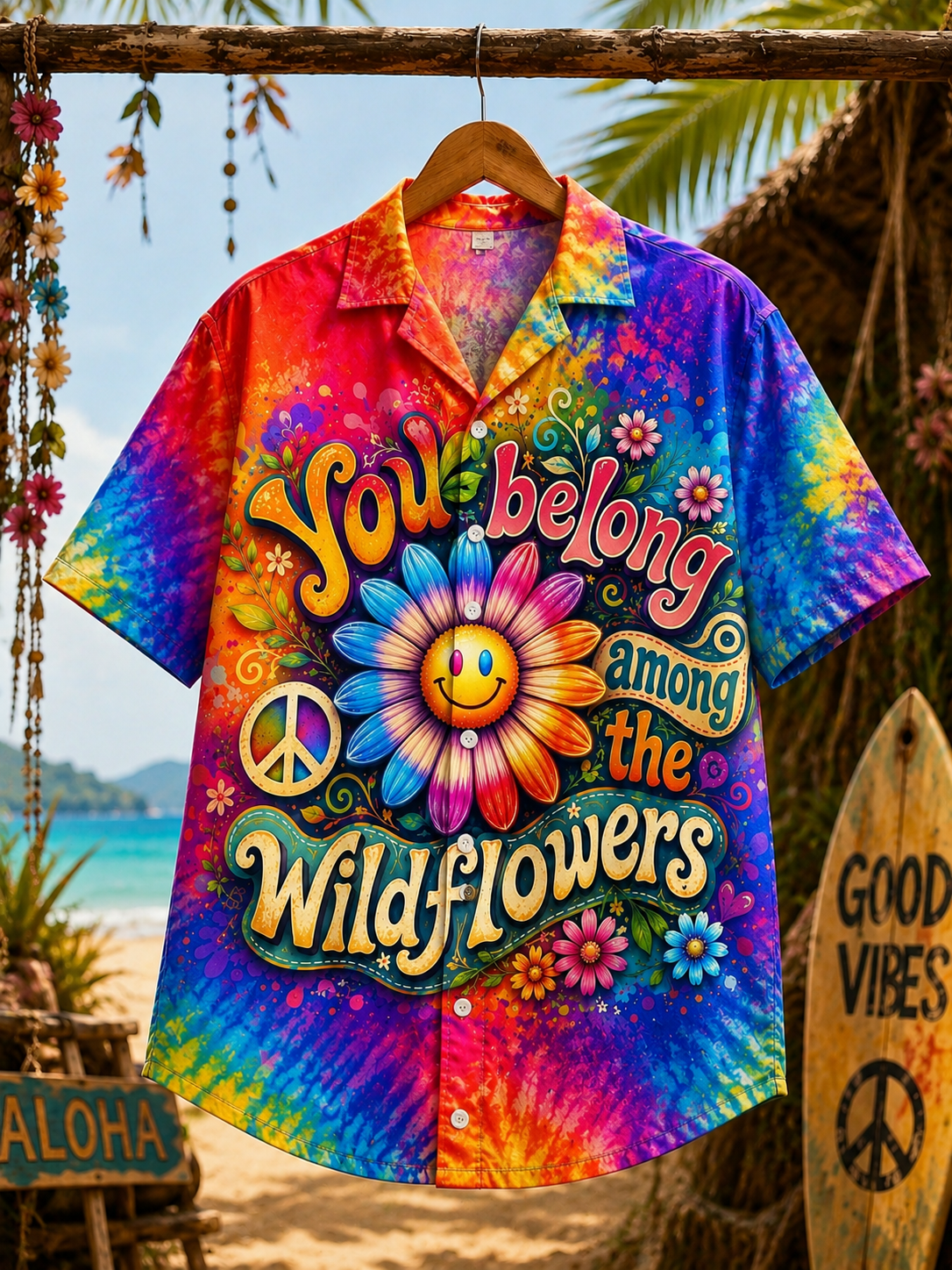 Wildflower Smile Hippie Hawaiian Shirt Front View