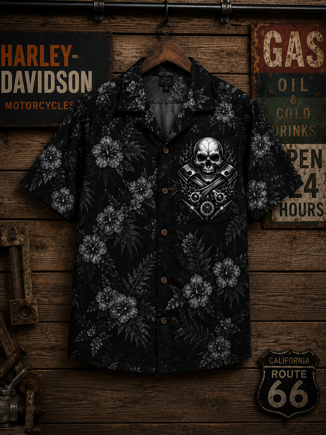Custom Mechanic Skull Hawaiian Shirt Front Flat Lay