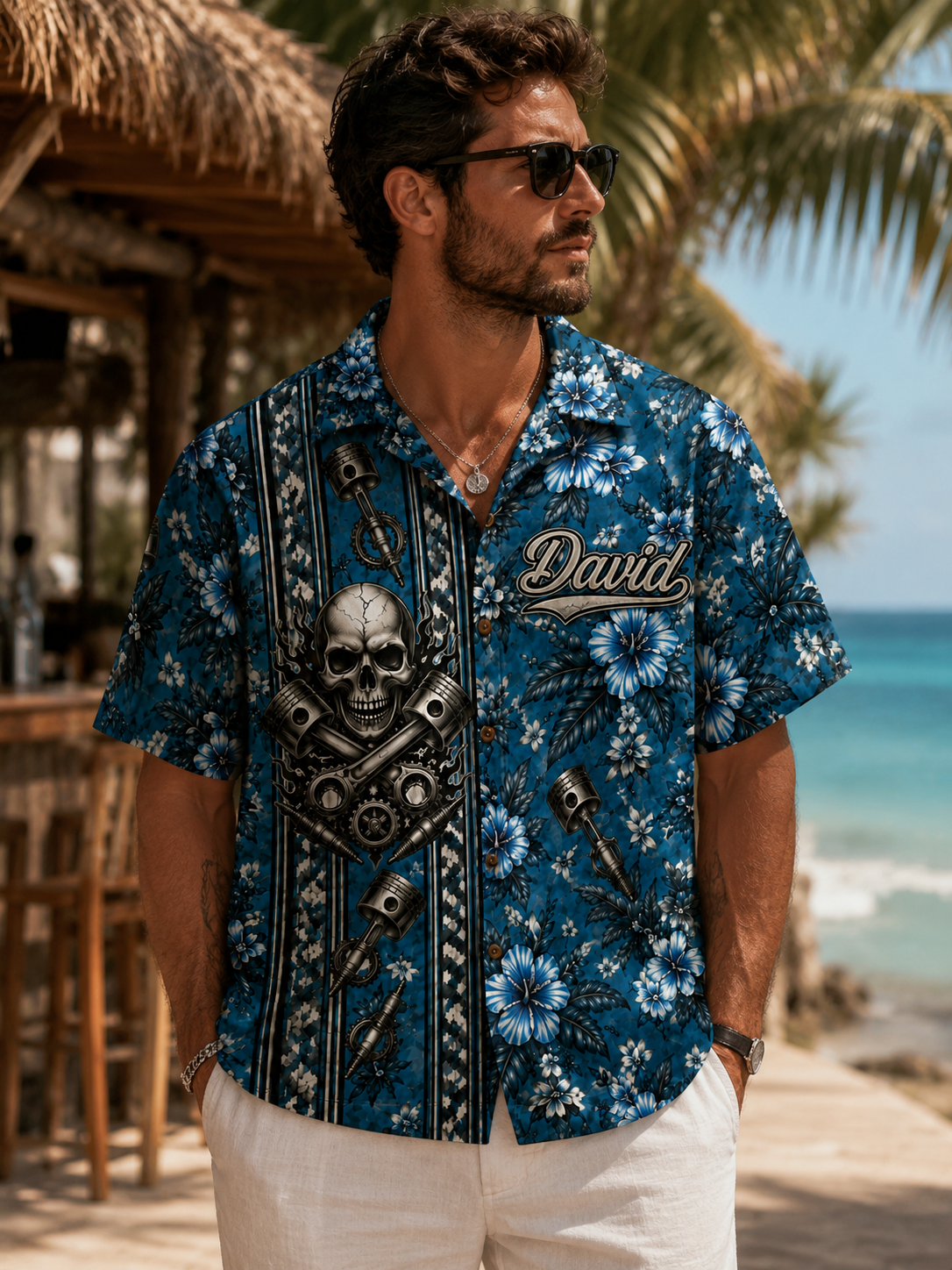 Custom Crossed Wrenches Skull Hawaiian Shirt Front Flat Lay