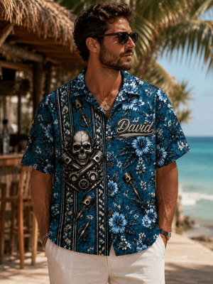 Custom Crossed Wrenches Skull Hawaiian Shirt Front Flat Lay