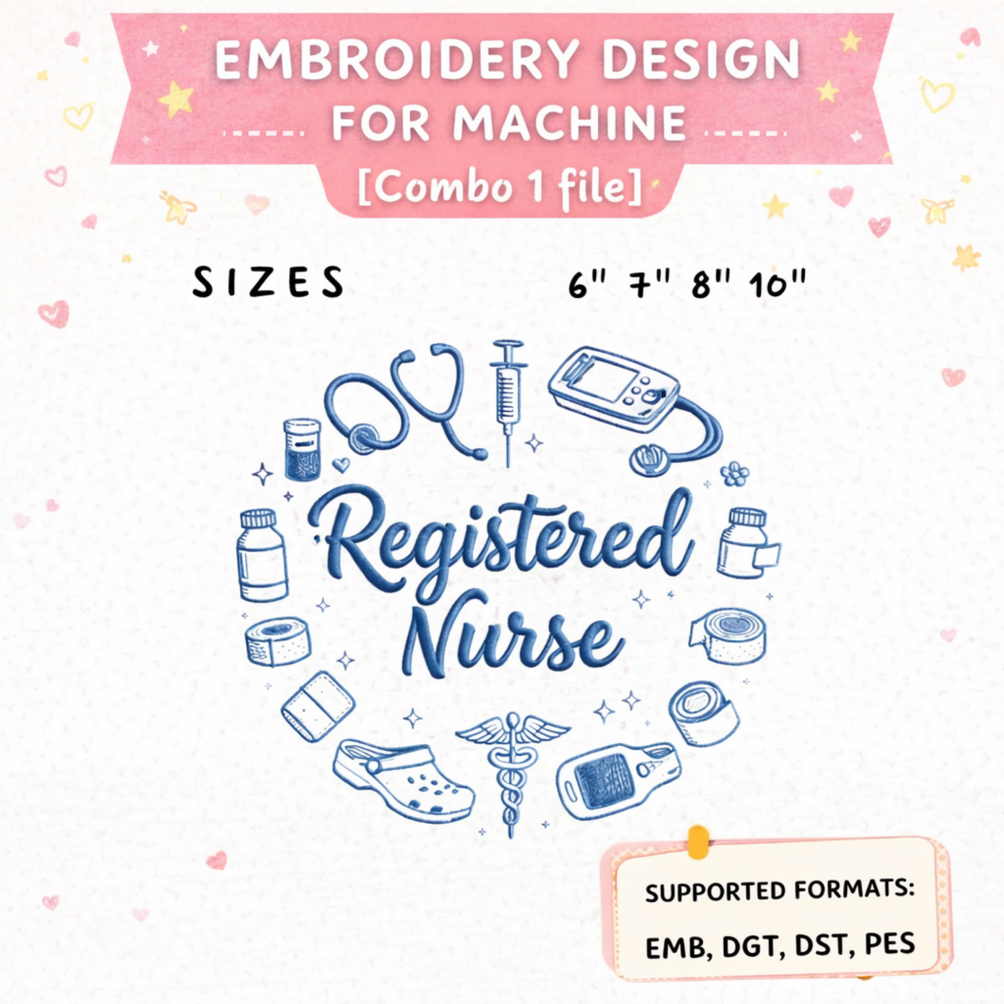 RN Registered Nurse Embroidery File Hand Drawn Doodle Nursing Design Machine Embroidery Pattern