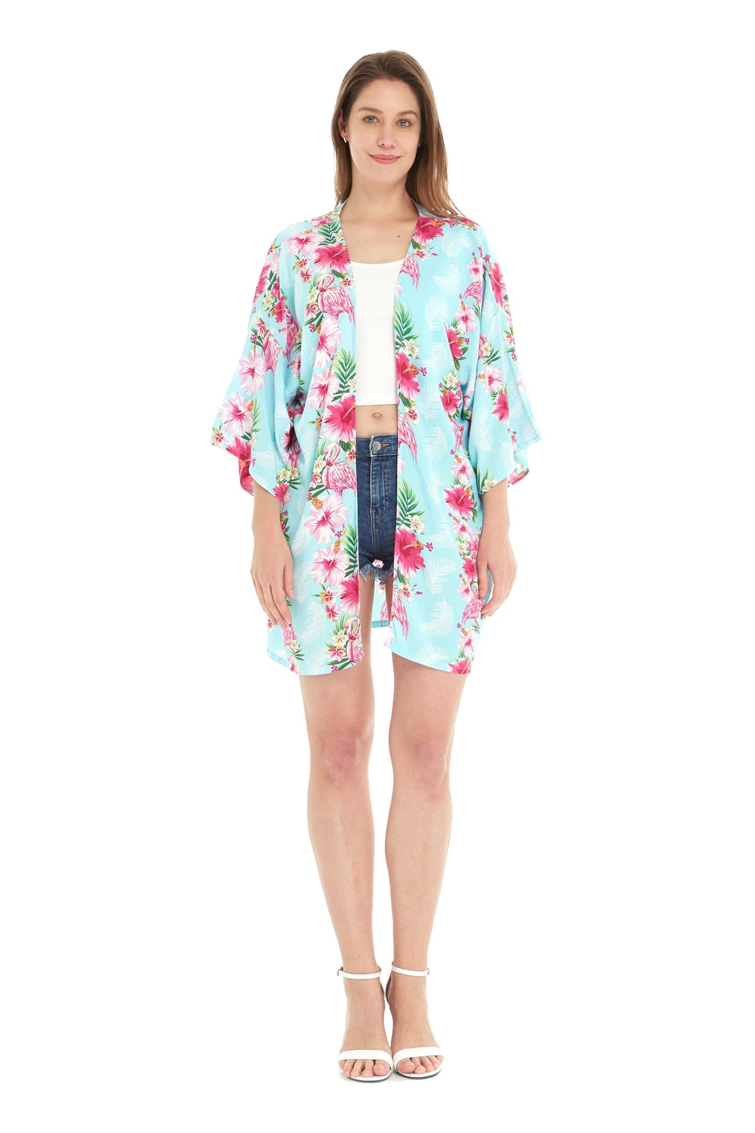 Women's Lightweight Kimono in Pink Hibiscus Vine Turquoise
