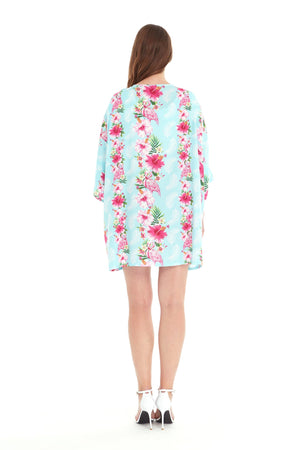 Women's Lightweight Kimono in Pink Hibiscus Vine Turquoise
