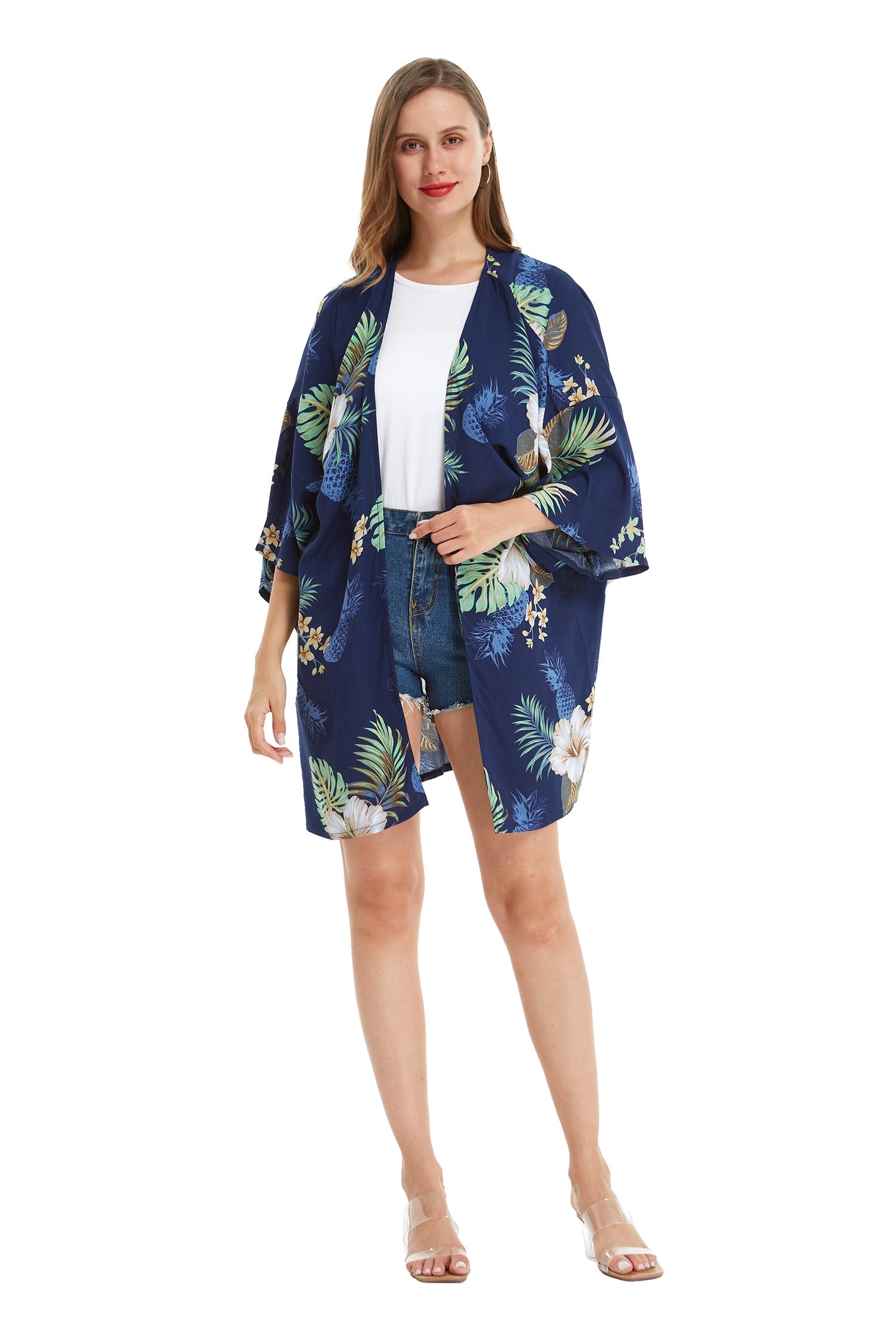 Women's Lightweight Kimono in Pineapple Garden Navy