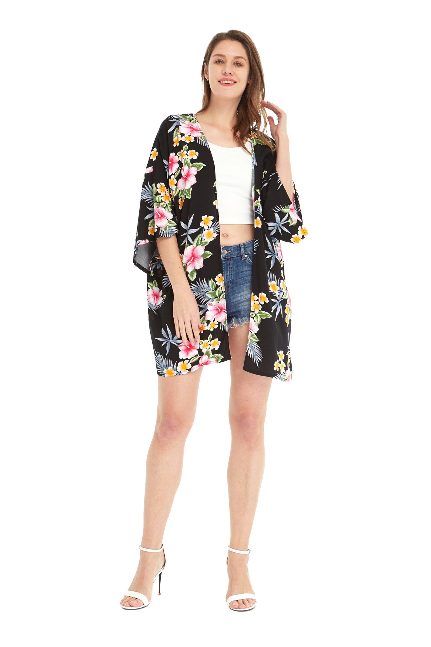 Women's Lightweight Kimono in Hibiscus Black