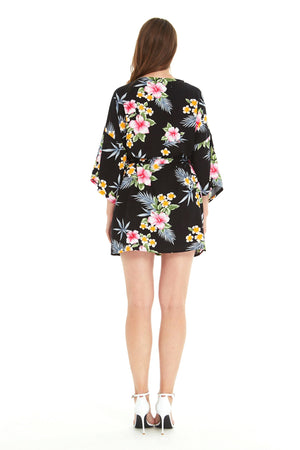 Women's Lightweight Kimono in Hibiscus Black