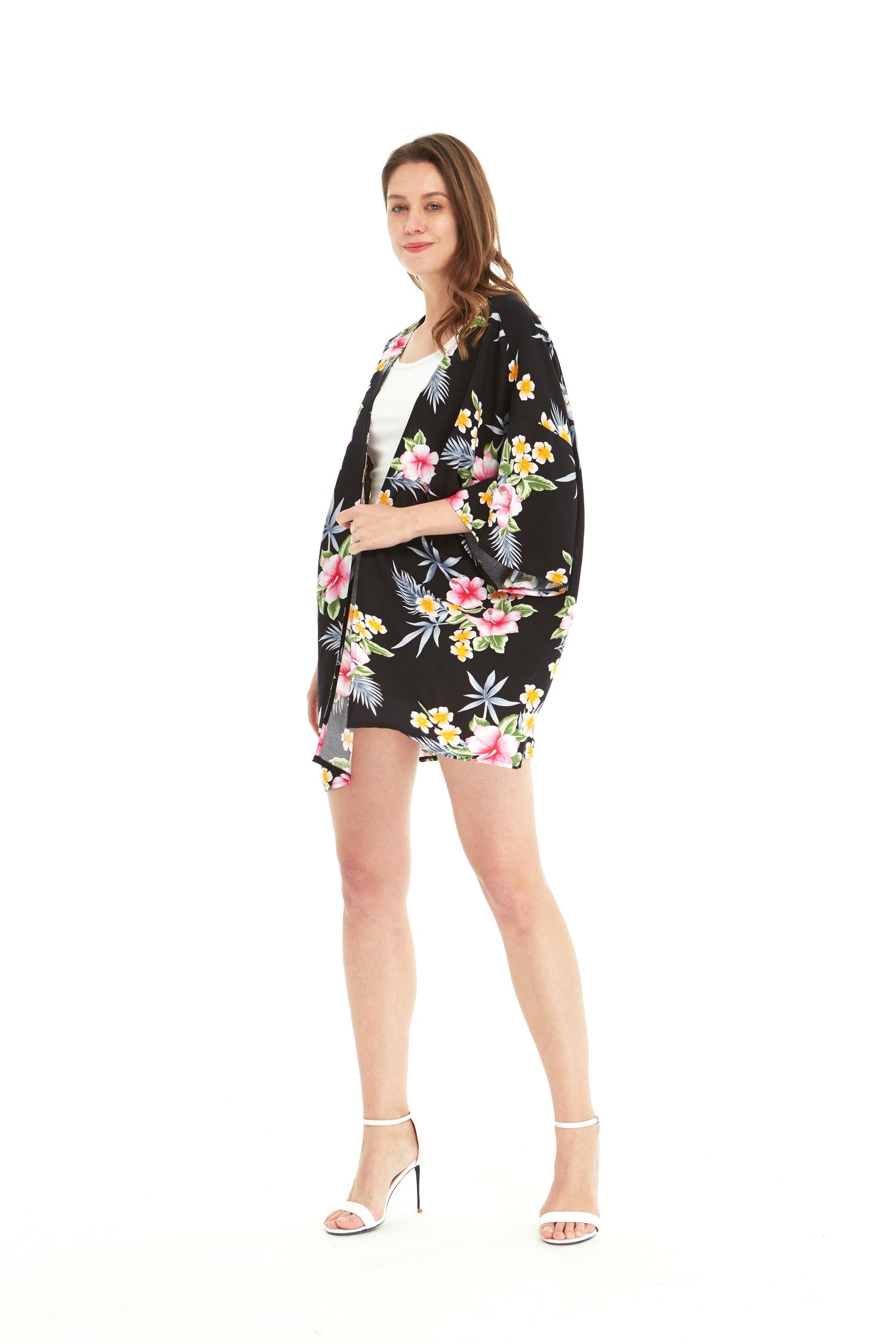 Women's Lightweight Kimono in Hibiscus Black
