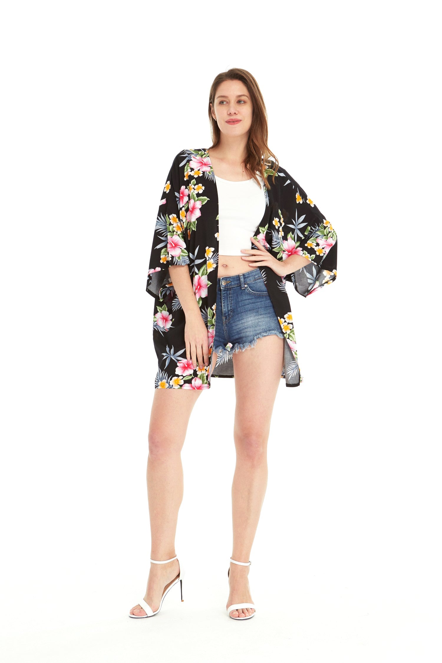 Women's Lightweight Kimono in Hibiscus Black