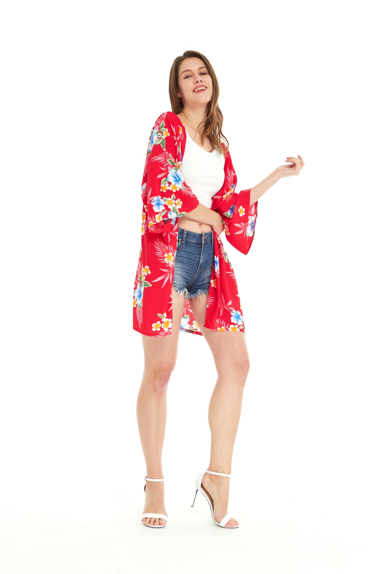 Women's Lightweight Kimono in Hibiscus Red