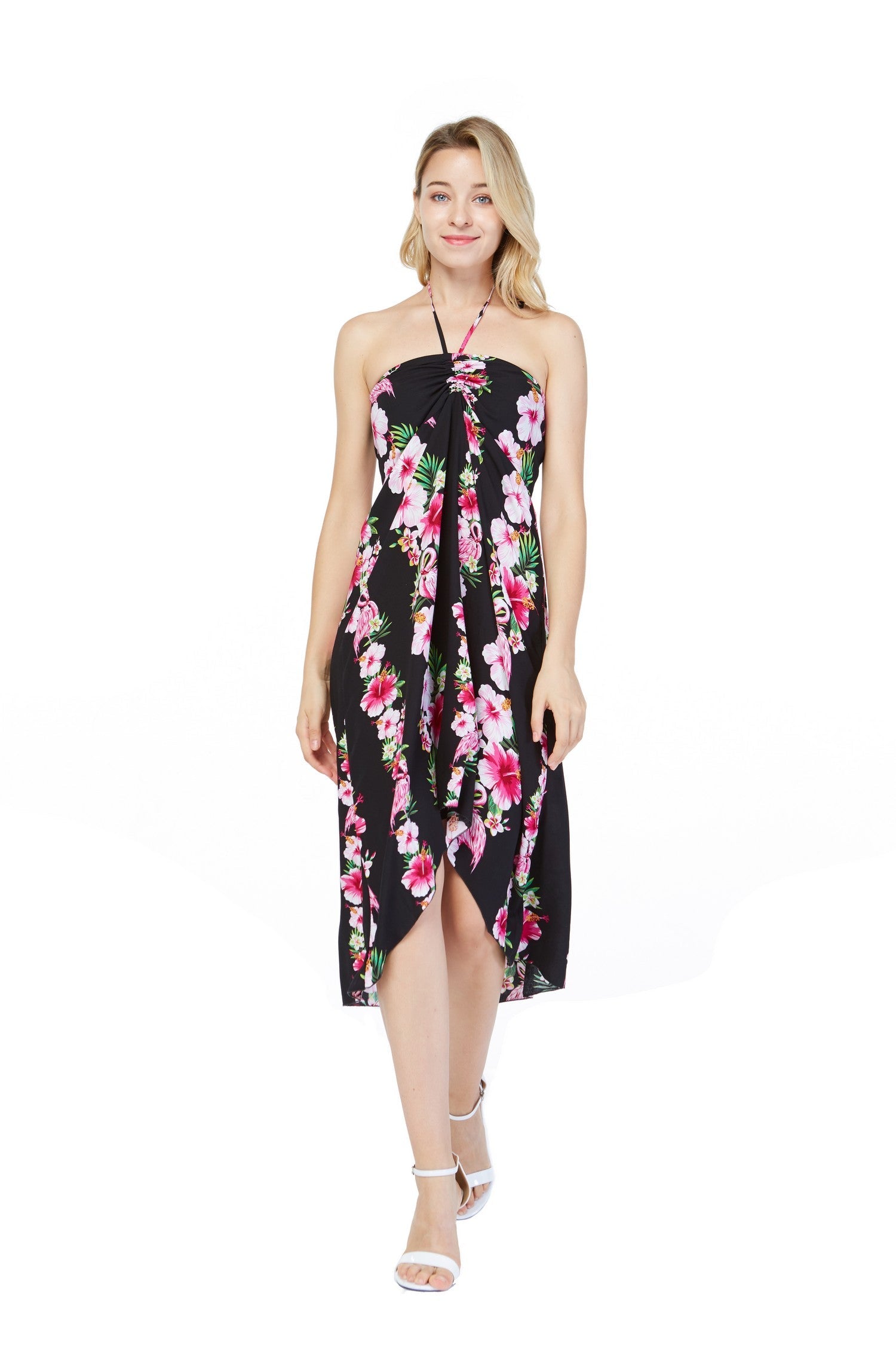 Women's Butterfly Dress in Pink Black Hibiscus Vine