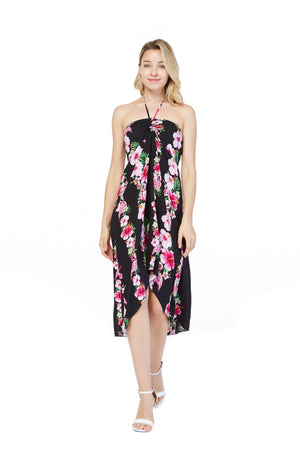 Women's Butterfly Dress in Pink Black Hibiscus Vine