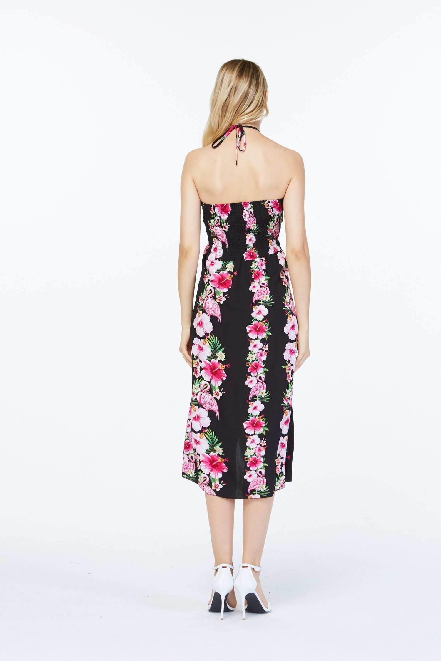 Women's Butterfly Dress in Pink Black Hibiscus Vine