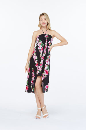 Women's Butterfly Dress in Pink Black Hibiscus Vine