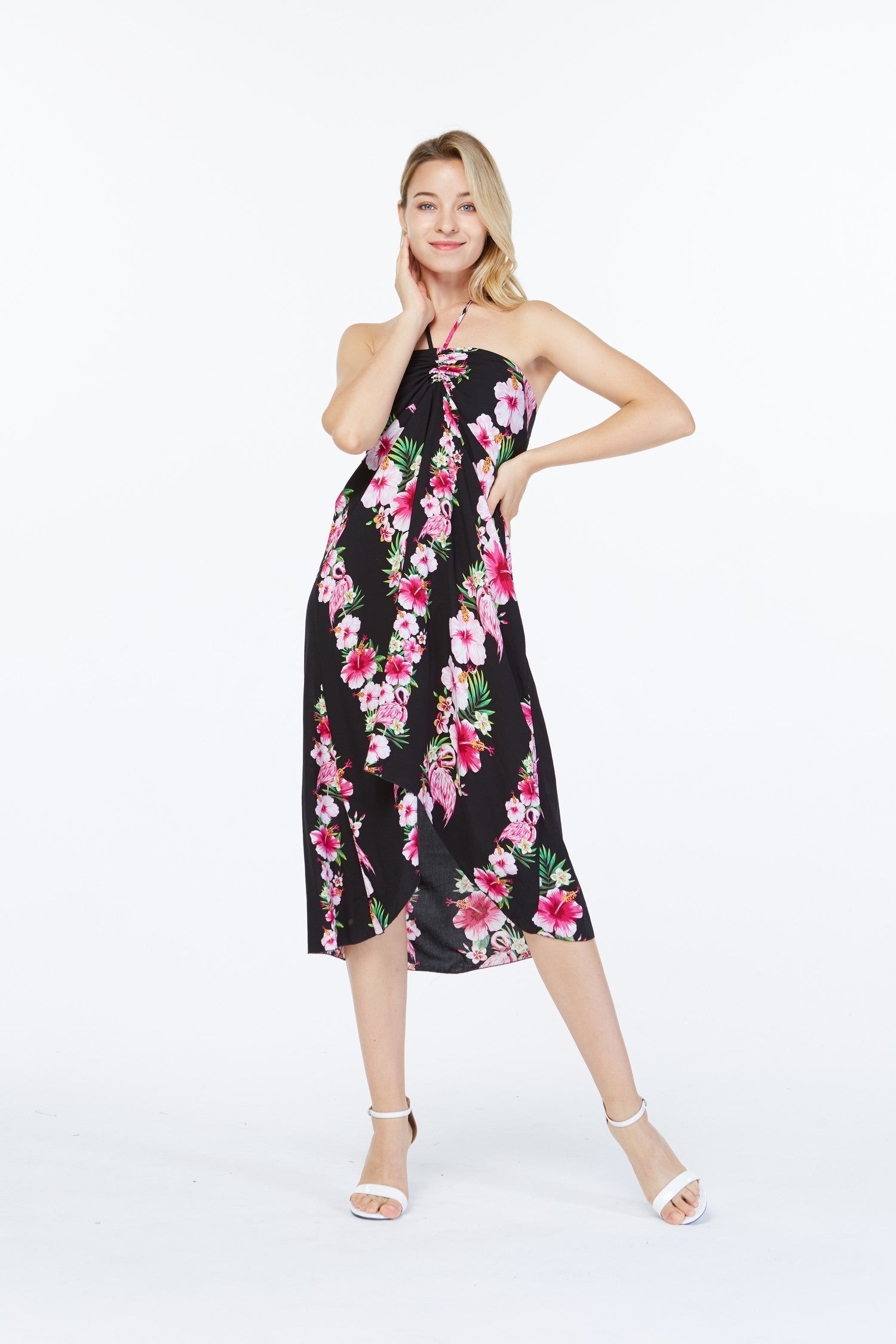 Women's Butterfly Dress in Pink Black Hibiscus Vine