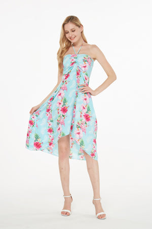 Women's Butterfly Dress in Pink Turquoise Hibiscus Vine