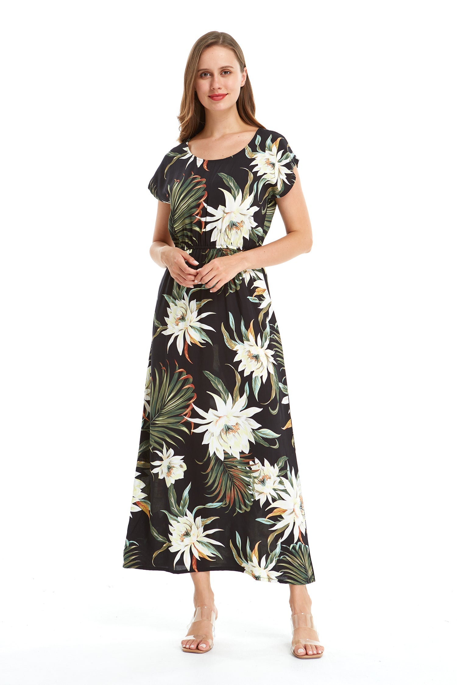 Women's Cap Sleeve Simple Dress Wispy Cereus Black