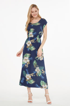 Women's Cap Sleeve Simple Dress Pineapple Garden Navy