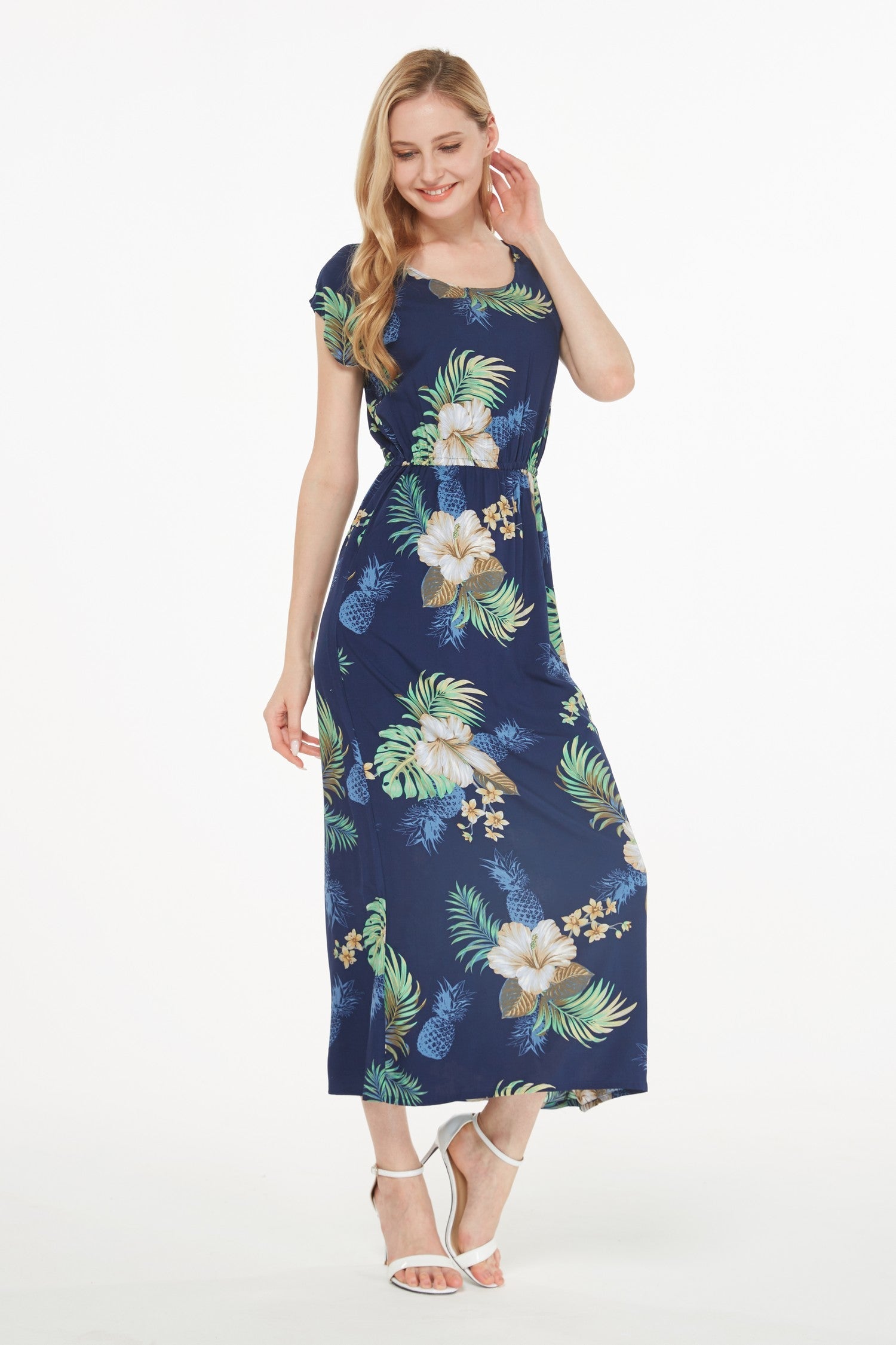 Women's Cap Sleeve Simple Dress Pineapple Garden Navy