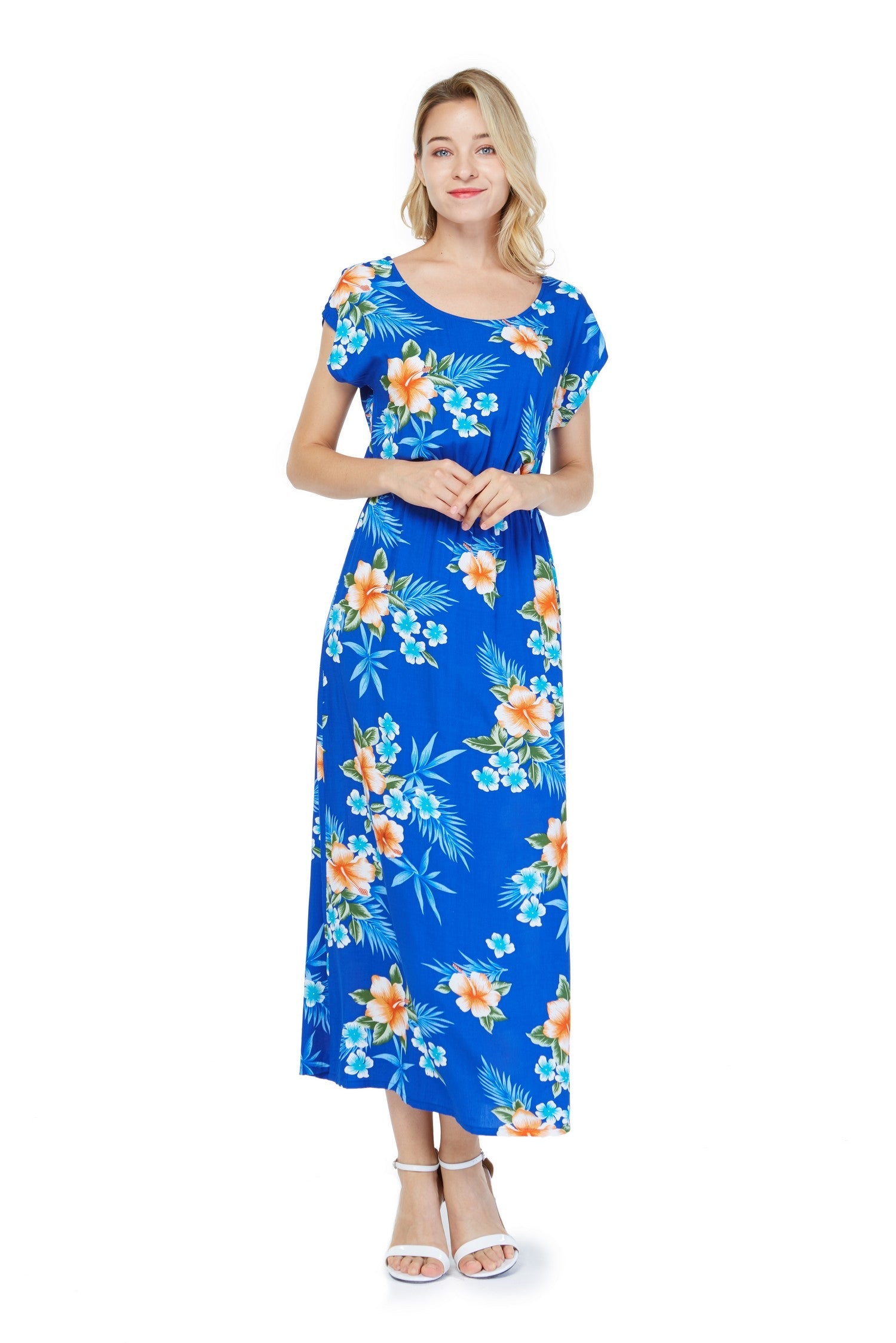 Women's Cap Sleeve Simple Dress Hibiscus Blue