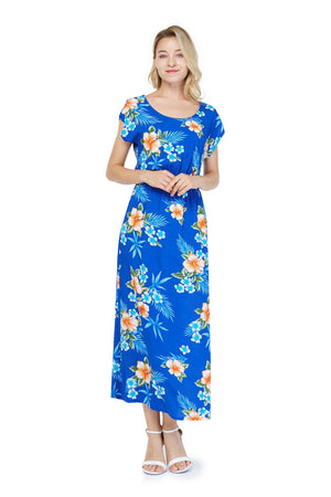 Women's Cap Sleeve Simple Dress Hibiscus Blue