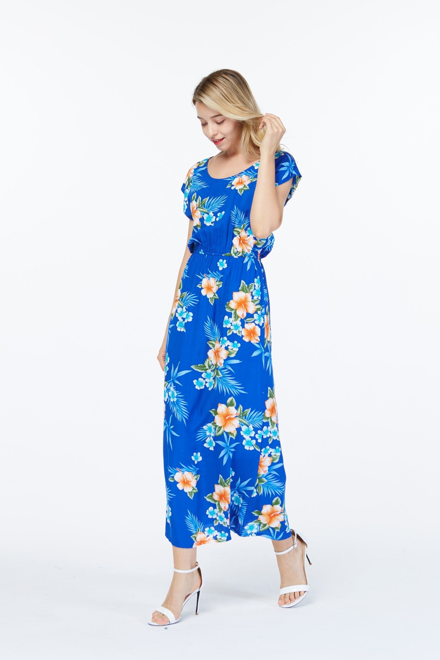 Women's Cap Sleeve Simple Dress Hibiscus Blue