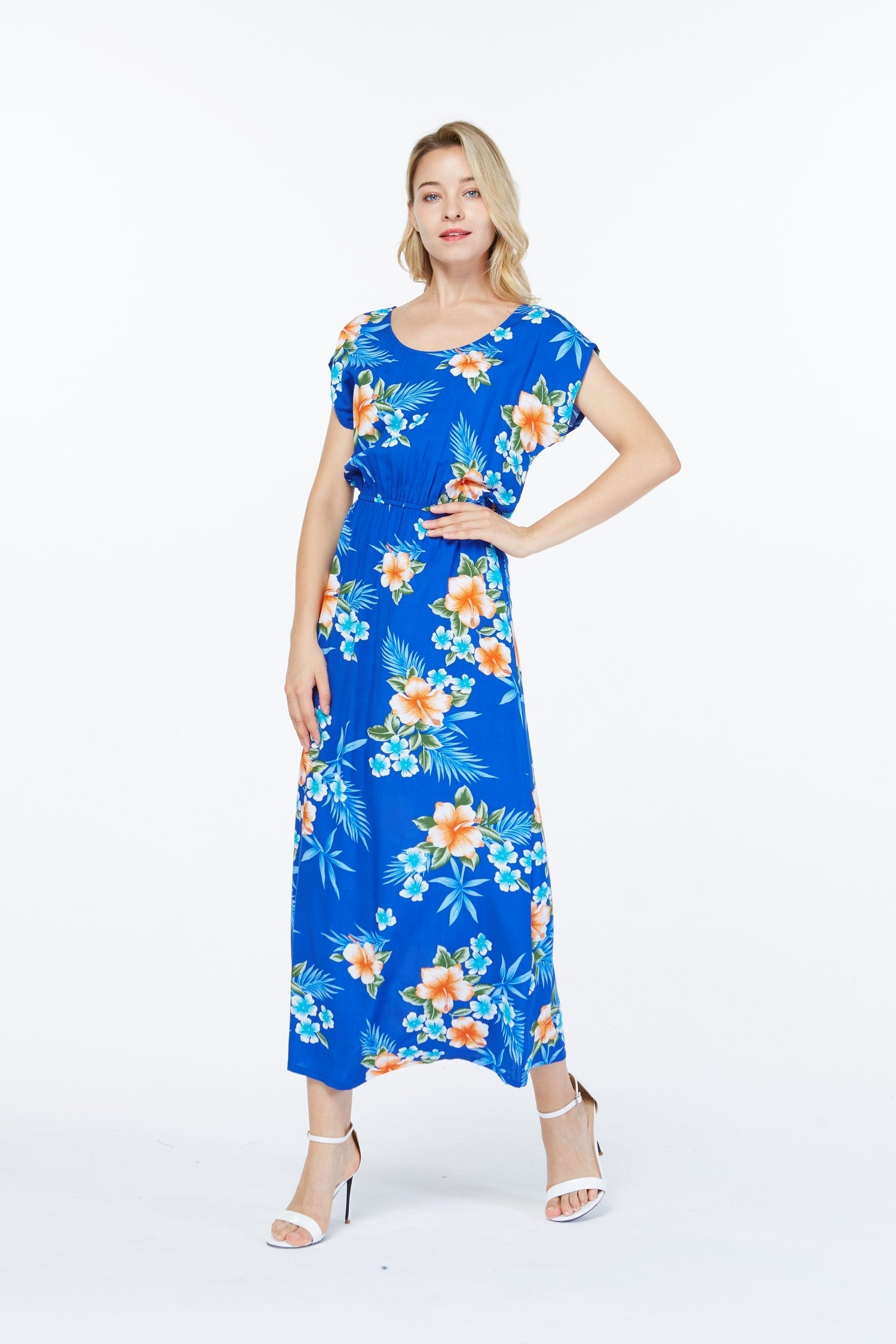 Women's Cap Sleeve Simple Dress Hibiscus Blue