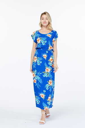 Women's Cap Sleeve Simple Dress Hibiscus Blue