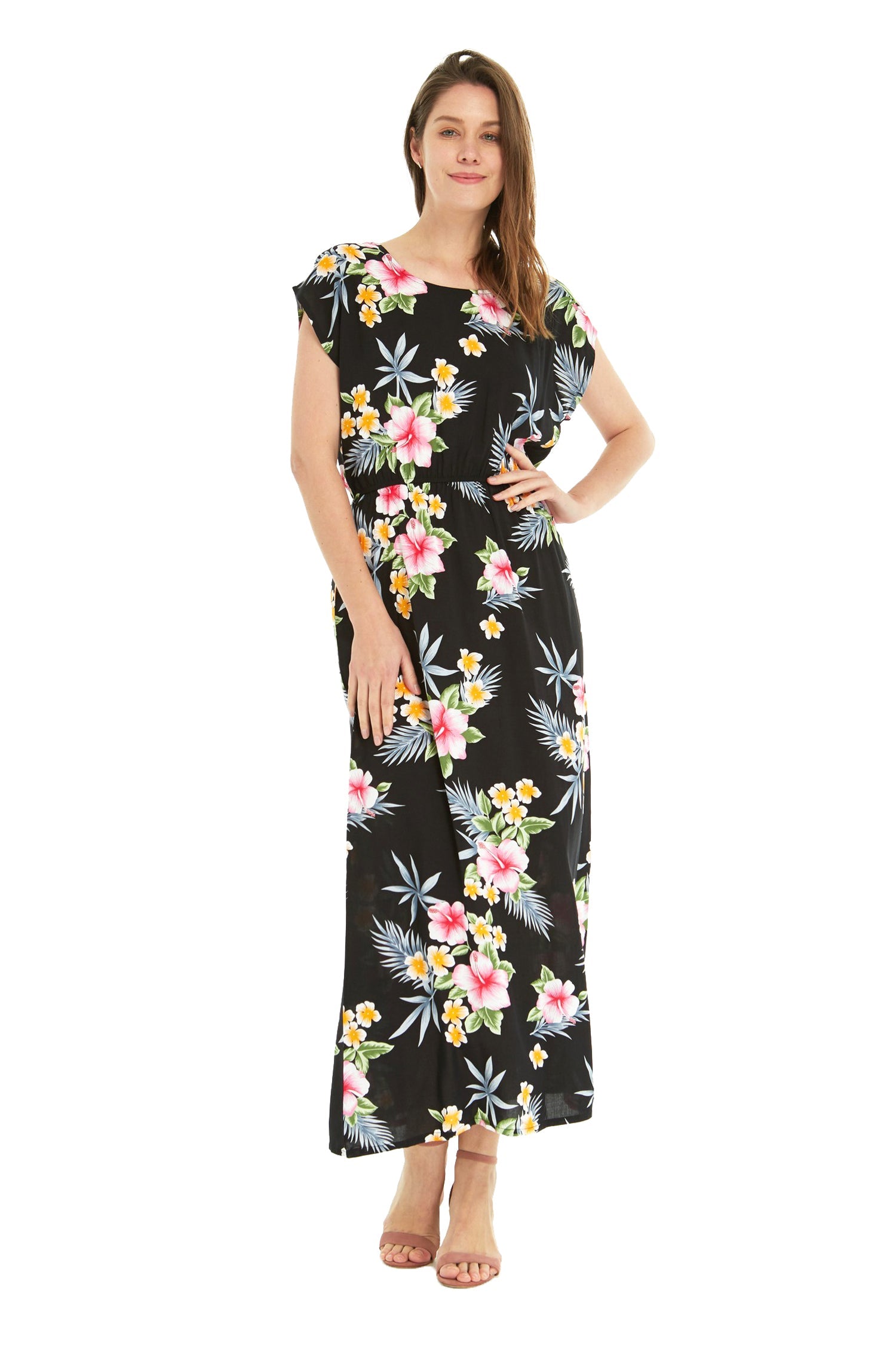 Women's Cap Sleeve Maxi Simple Dress Hibiscus Black