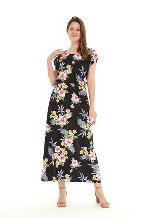 Women's Cap Sleeve Maxi Simple Dress Hibiscus Black