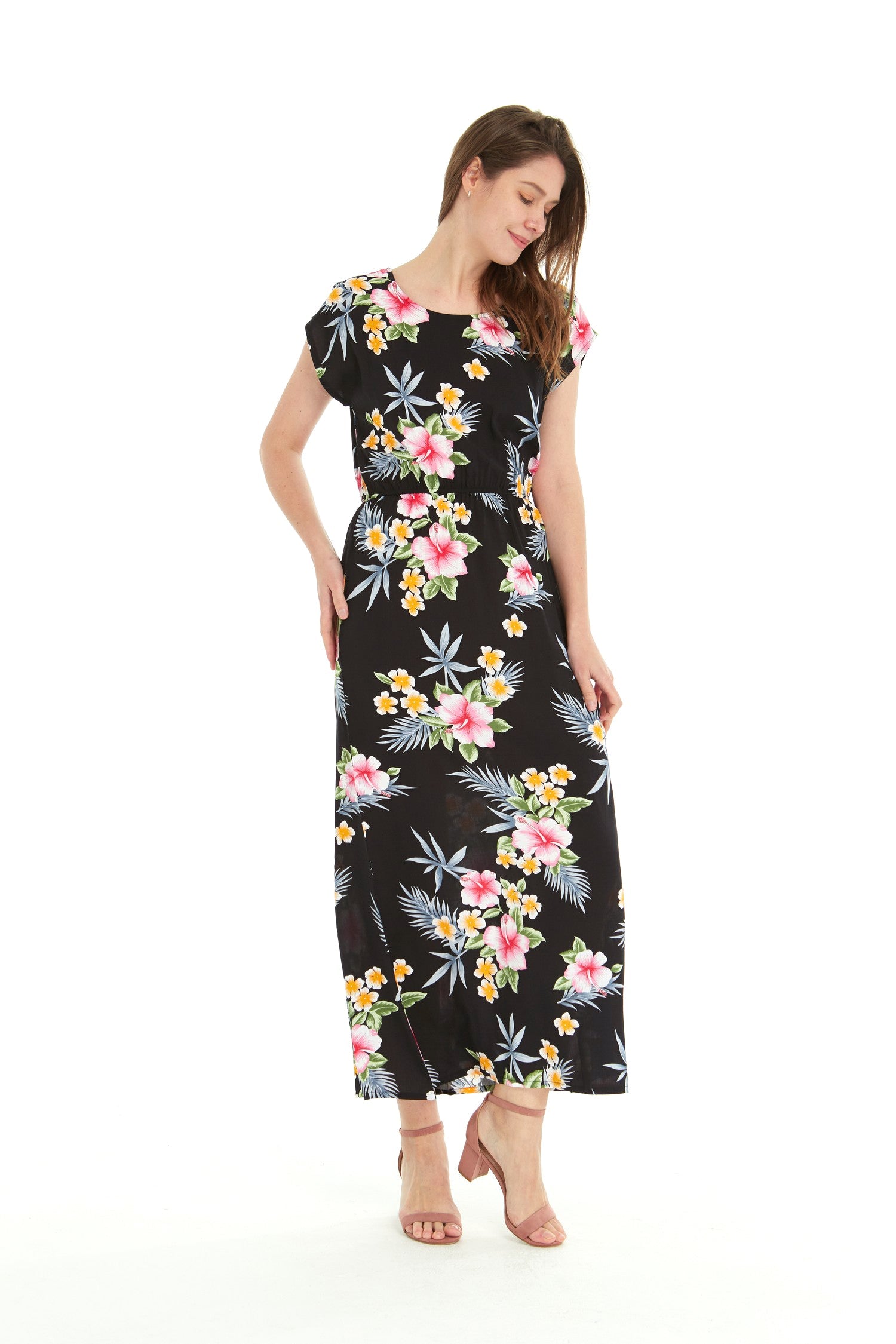Women's Cap Sleeve Maxi Simple Dress Hibiscus Black