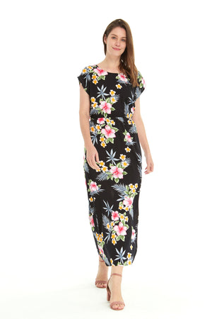 Women's Cap Sleeve Maxi Simple Dress Hibiscus Black