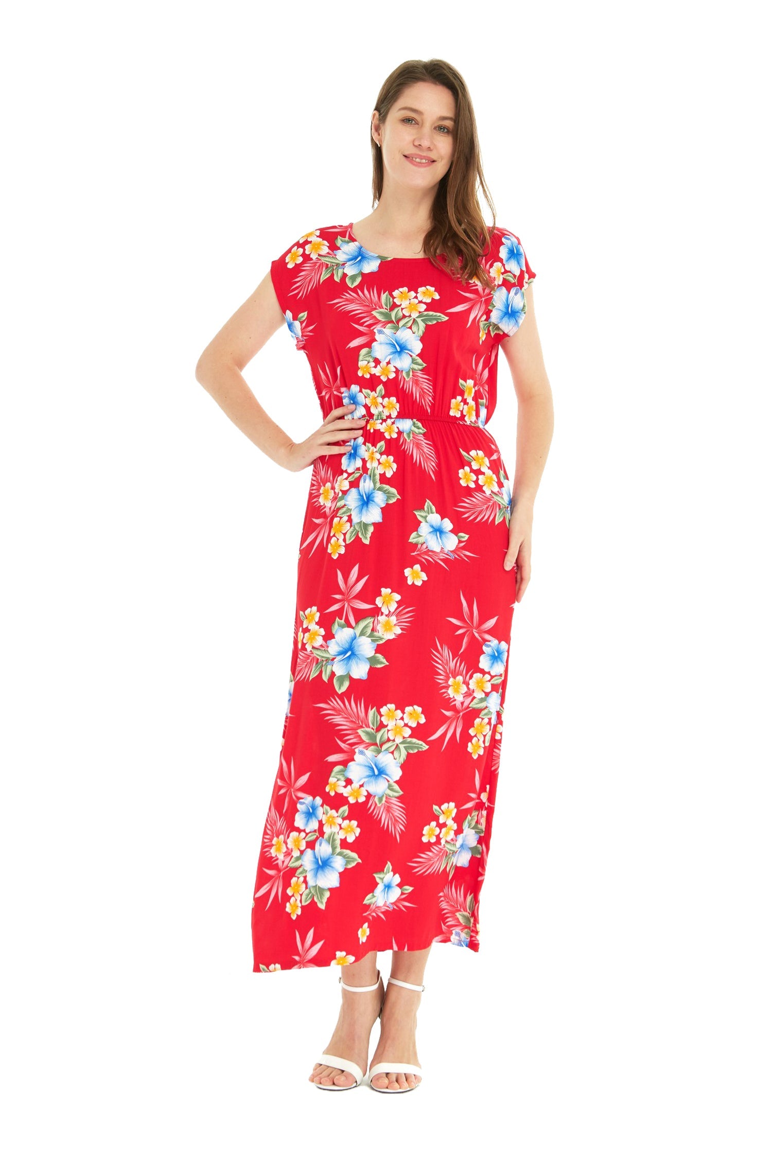 Women's Cap Sleeve Maxi Simple Dress Hibiscus Red