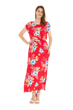 Women's Cap Sleeve Maxi Simple Dress Hibiscus Red