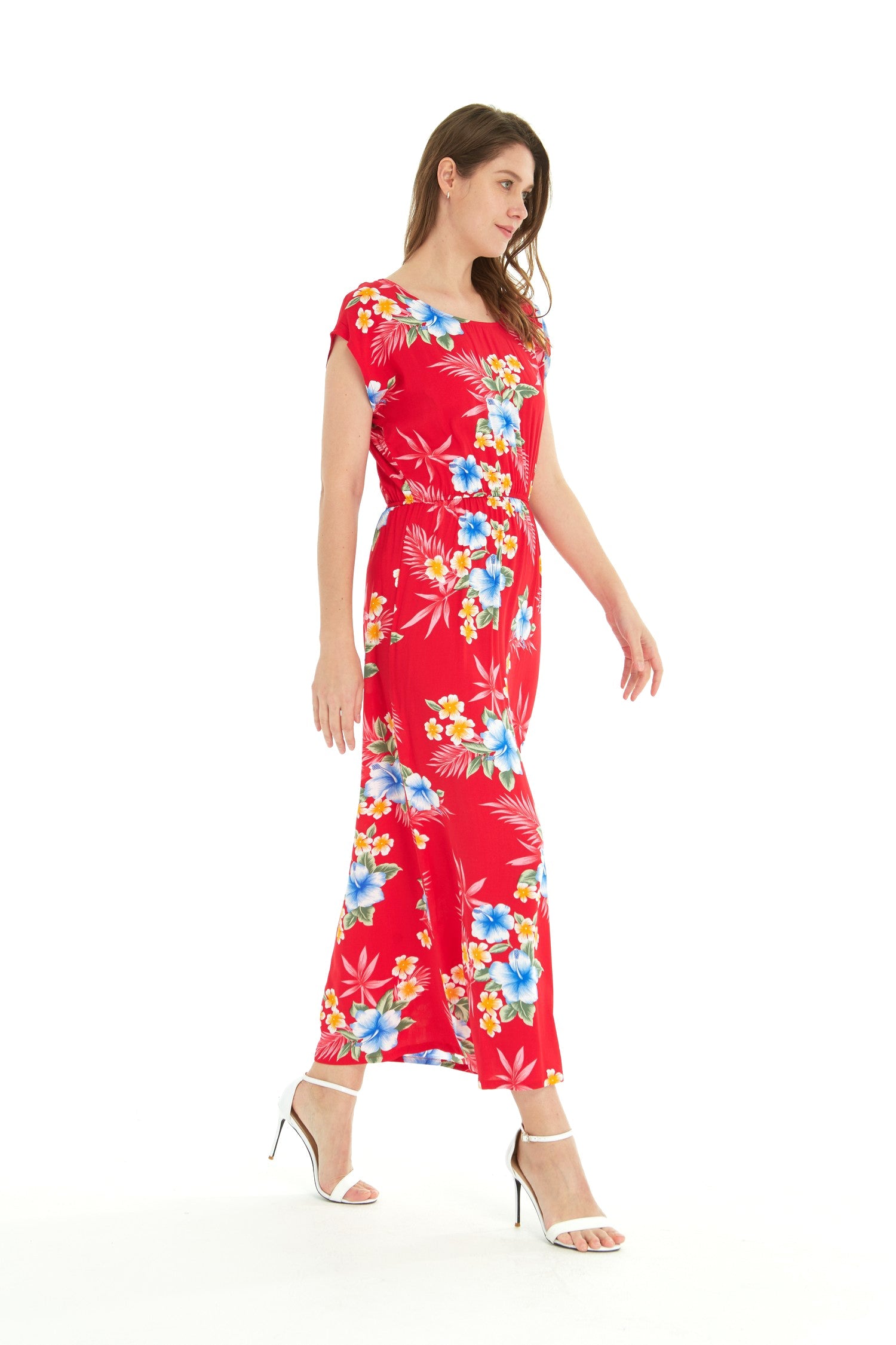Women's Cap Sleeve Maxi Simple Dress Hibiscus Red