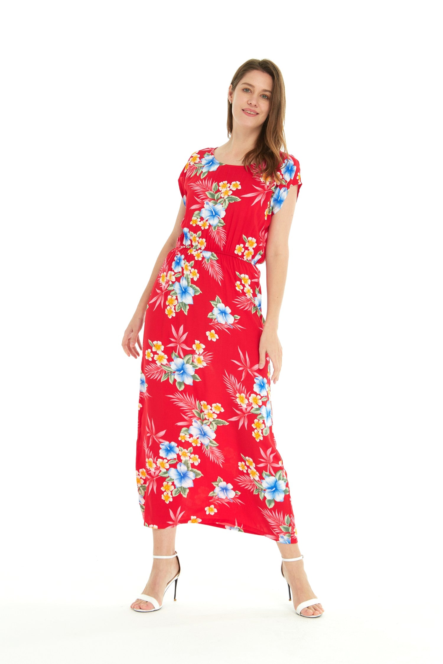 Women's Cap Sleeve Maxi Simple Dress Hibiscus Red