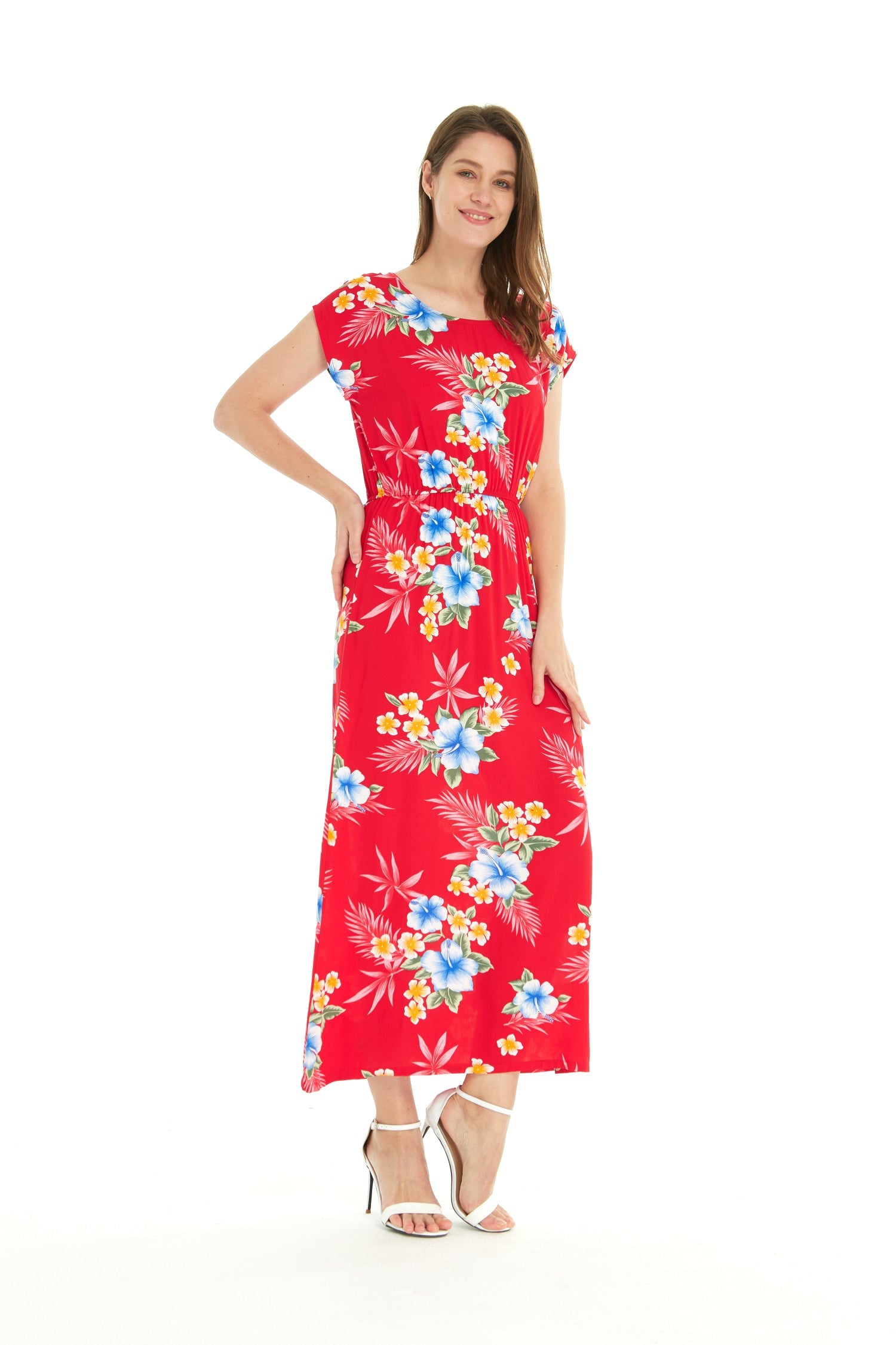 Women's Cap Sleeve Maxi Simple Dress Hibiscus Red