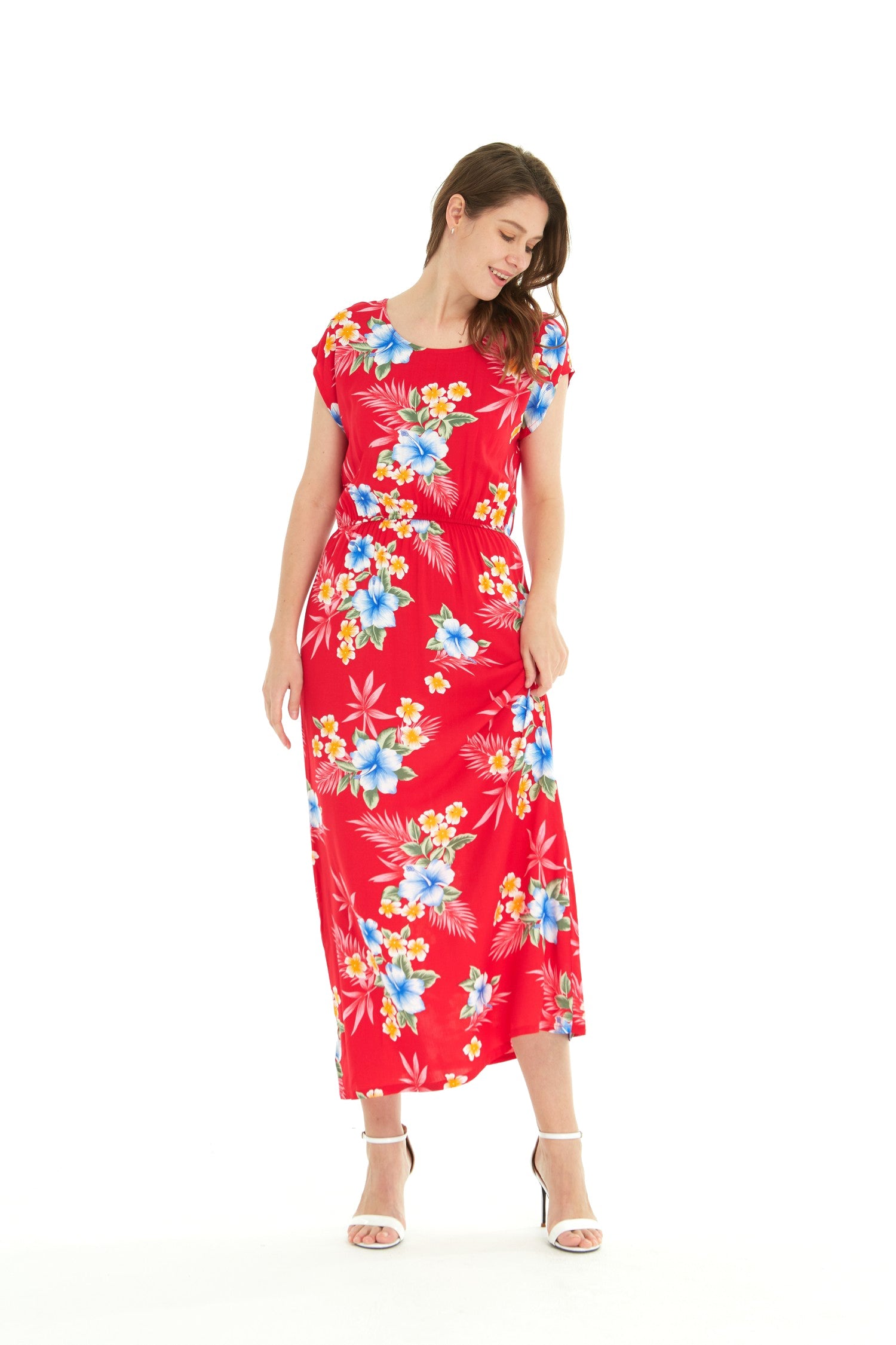 Women's Cap Sleeve Maxi Simple Dress Hibiscus Red