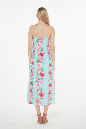Women's Sweetheart Dress in Pink Turquoise Hibiscus Vine