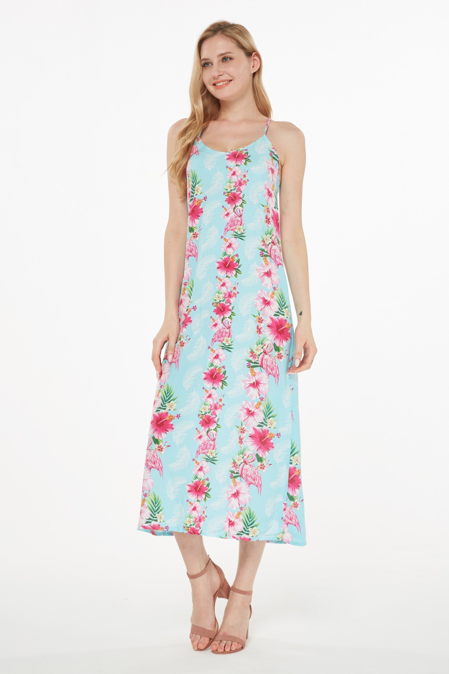Women's Sweetheart Dress in Pink Turquoise Hibiscus Vine
