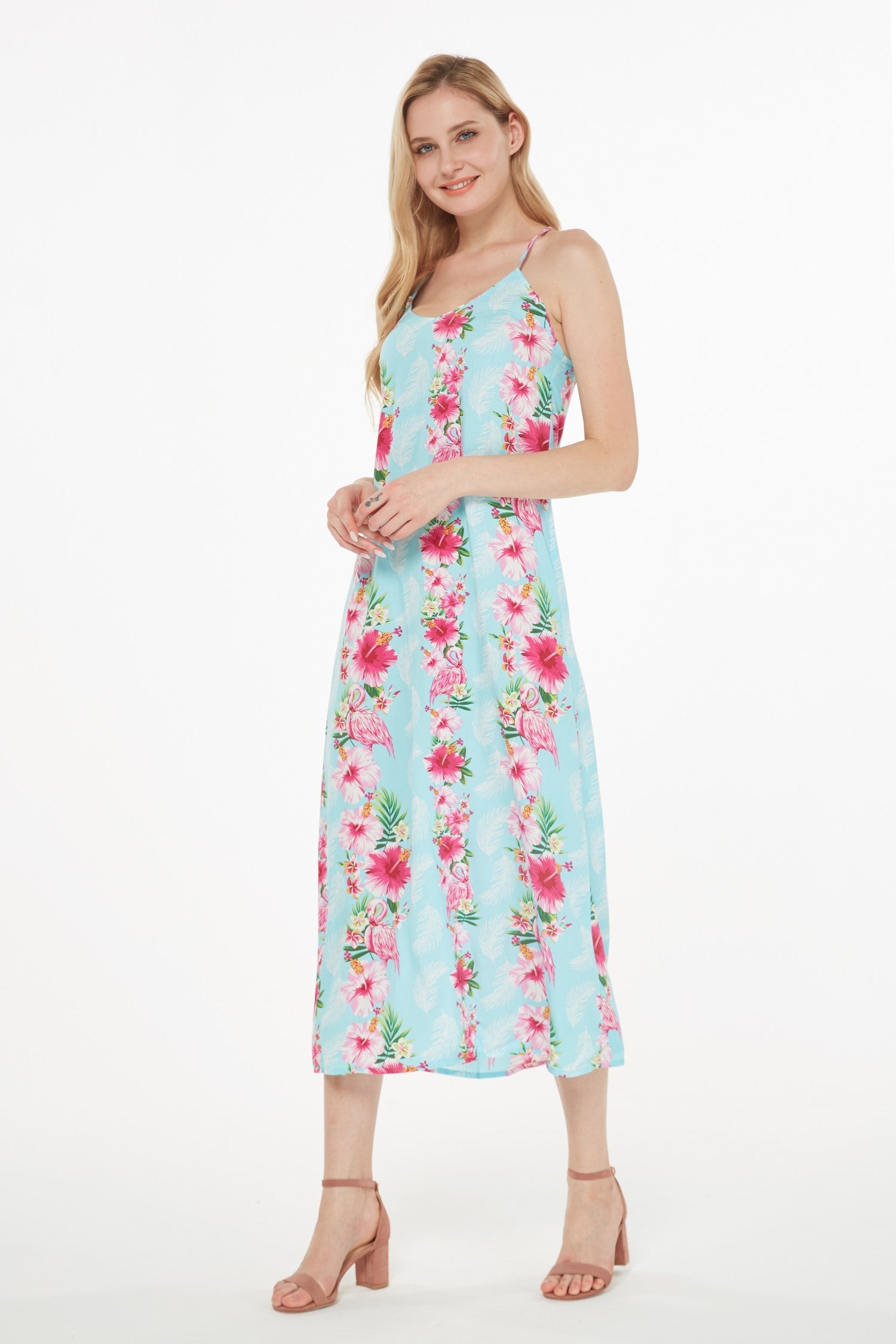Women's Sweetheart Dress in Pink Turquoise Hibiscus Vine