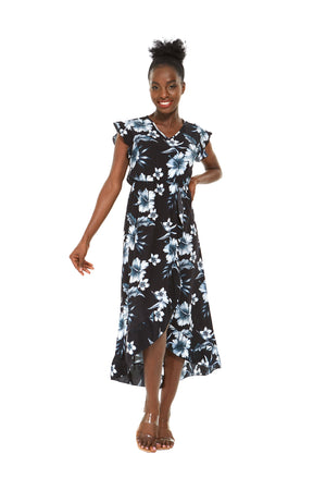 Women's Wrap Ruffle Dress in Midnight Bloom Black