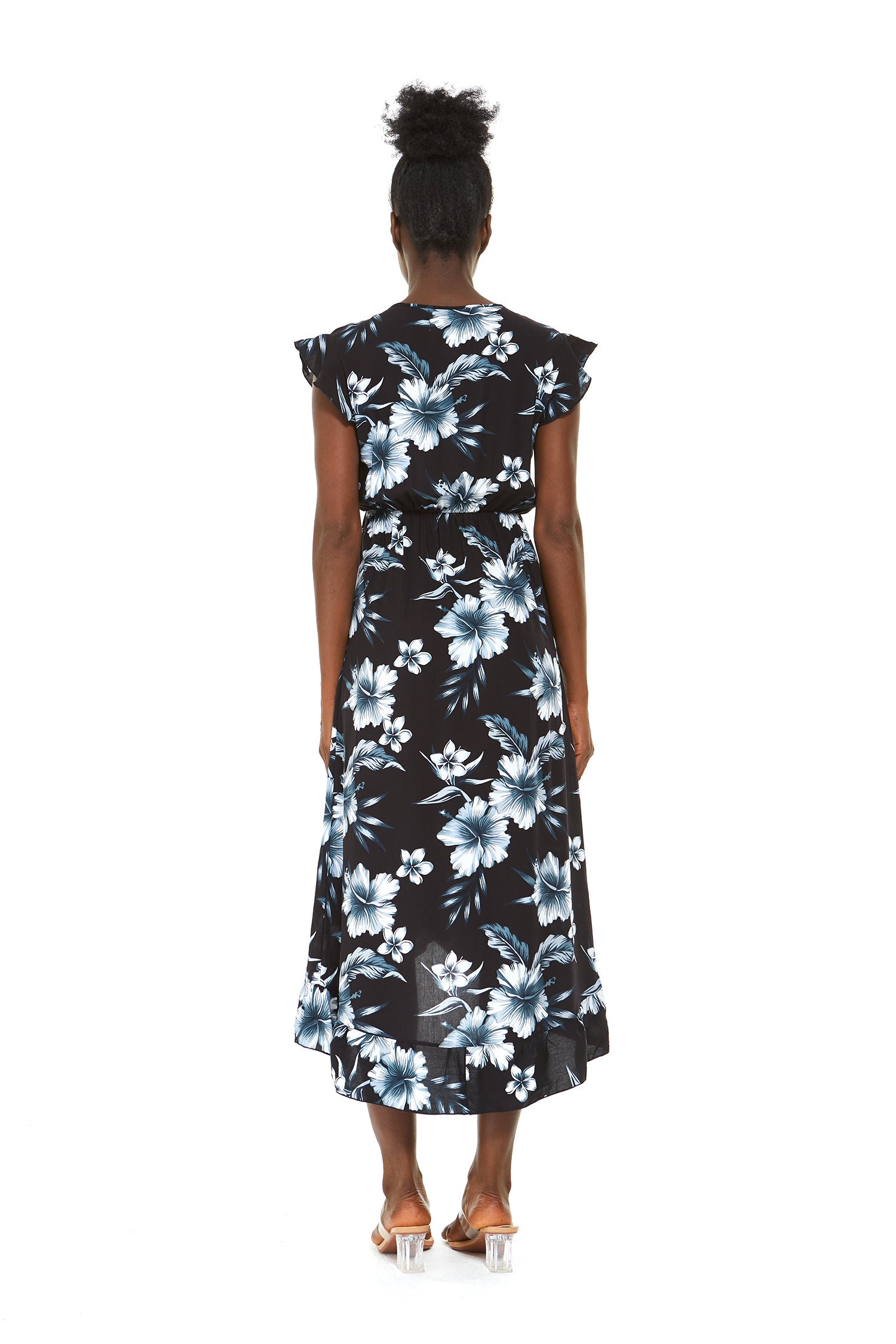 Women's Wrap Ruffle Dress in Midnight Bloom Black